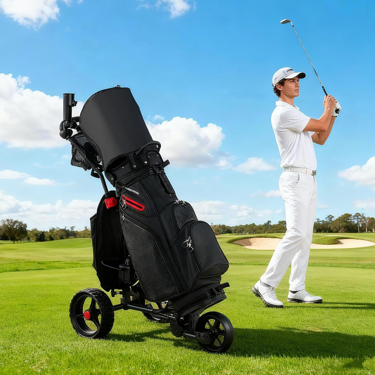 Tangkula Electric Golf Push Cart, Foldable 3 Wheels Golf Cart with Adjustable Handle & 9 Speed Settings, 18 Hole Battery, Umbrella Holder, Drink Holder, Scorecard Holder, Cooler Bag & USB Port, Black