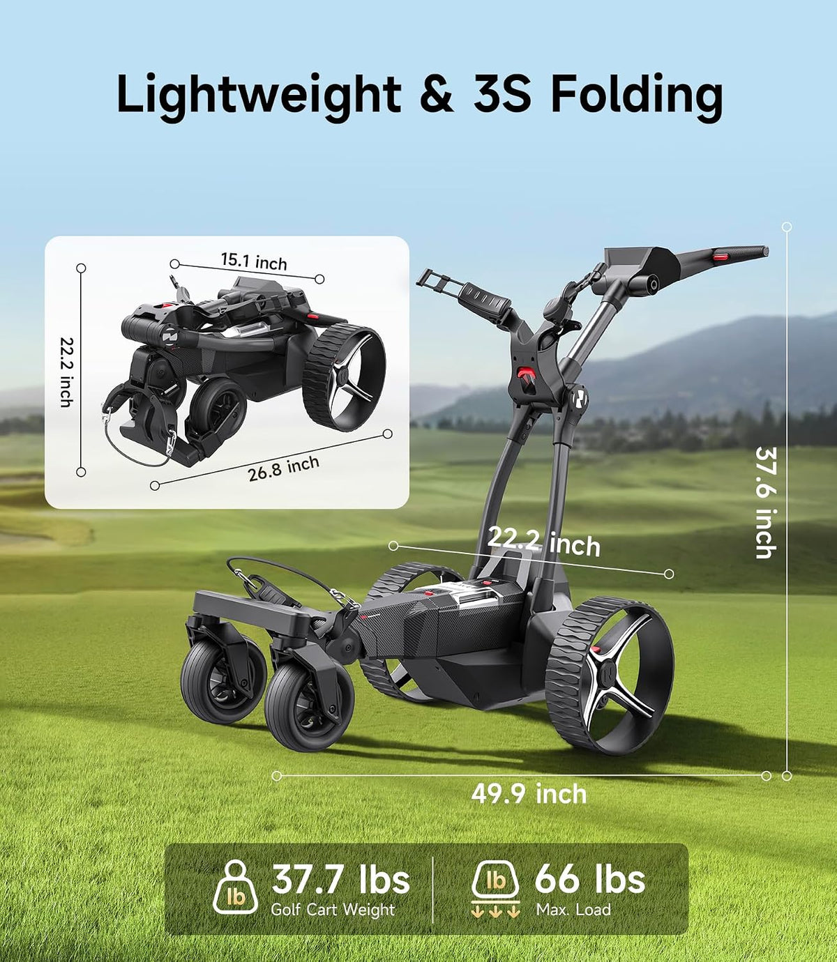 Electric golf cart on grass, black, 3-wheel, foldable, with size and weight details on display.