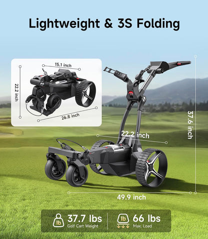 Electric golf cart on grass, black, 3-wheel, foldable, with size and weight details on display.