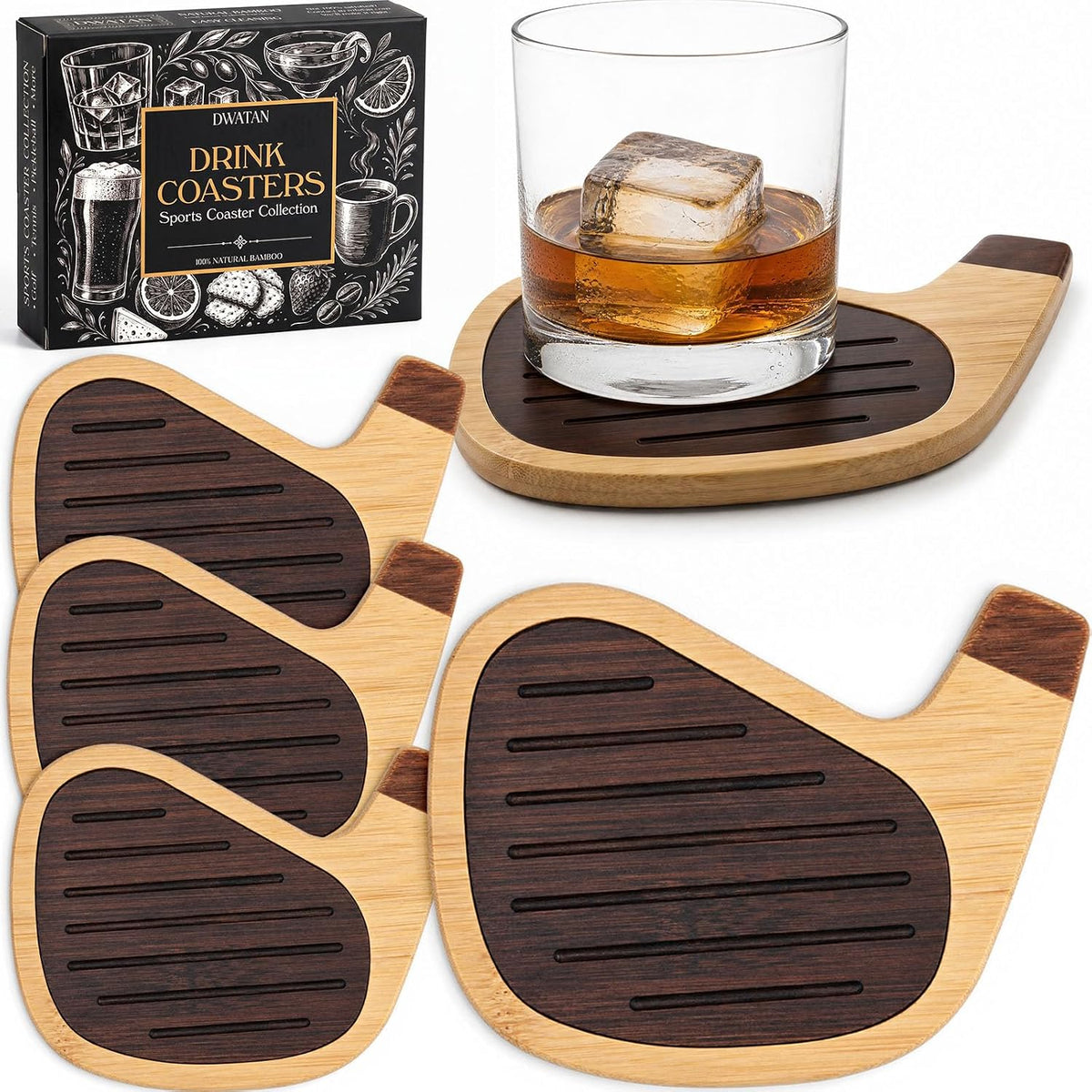 Golf Coasters for Drinks, 4 Pack Bamboo Golf Club Head Coaster Set
