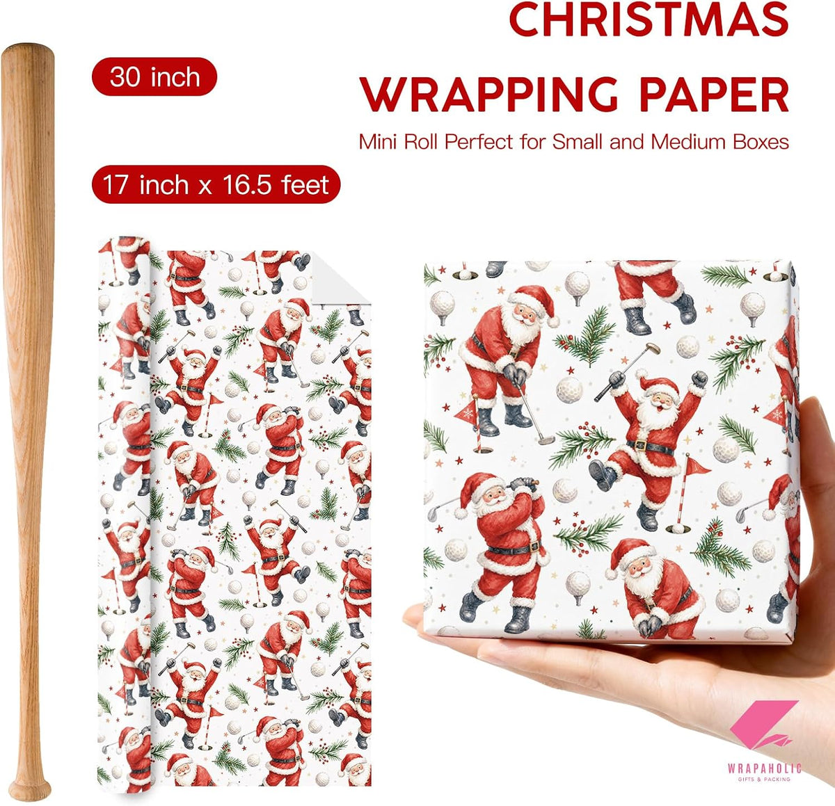 WRAPAHOLIC Christmas Wrapping Paper, Santa Claus with Golf Gift Wrap Paper