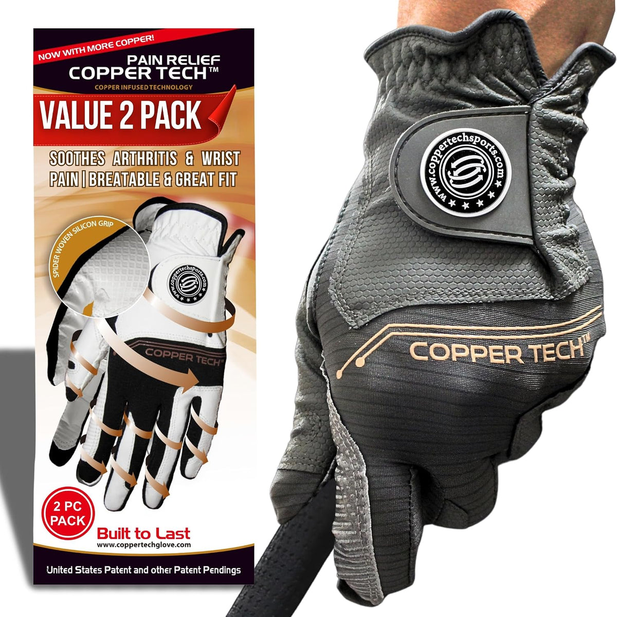 Copper Tech Mens Golf Gloves 2 Pack Copper Infused Breathable Synthetic Leather--Golf World-Size:Small-hand_orientation:Left-Golf World