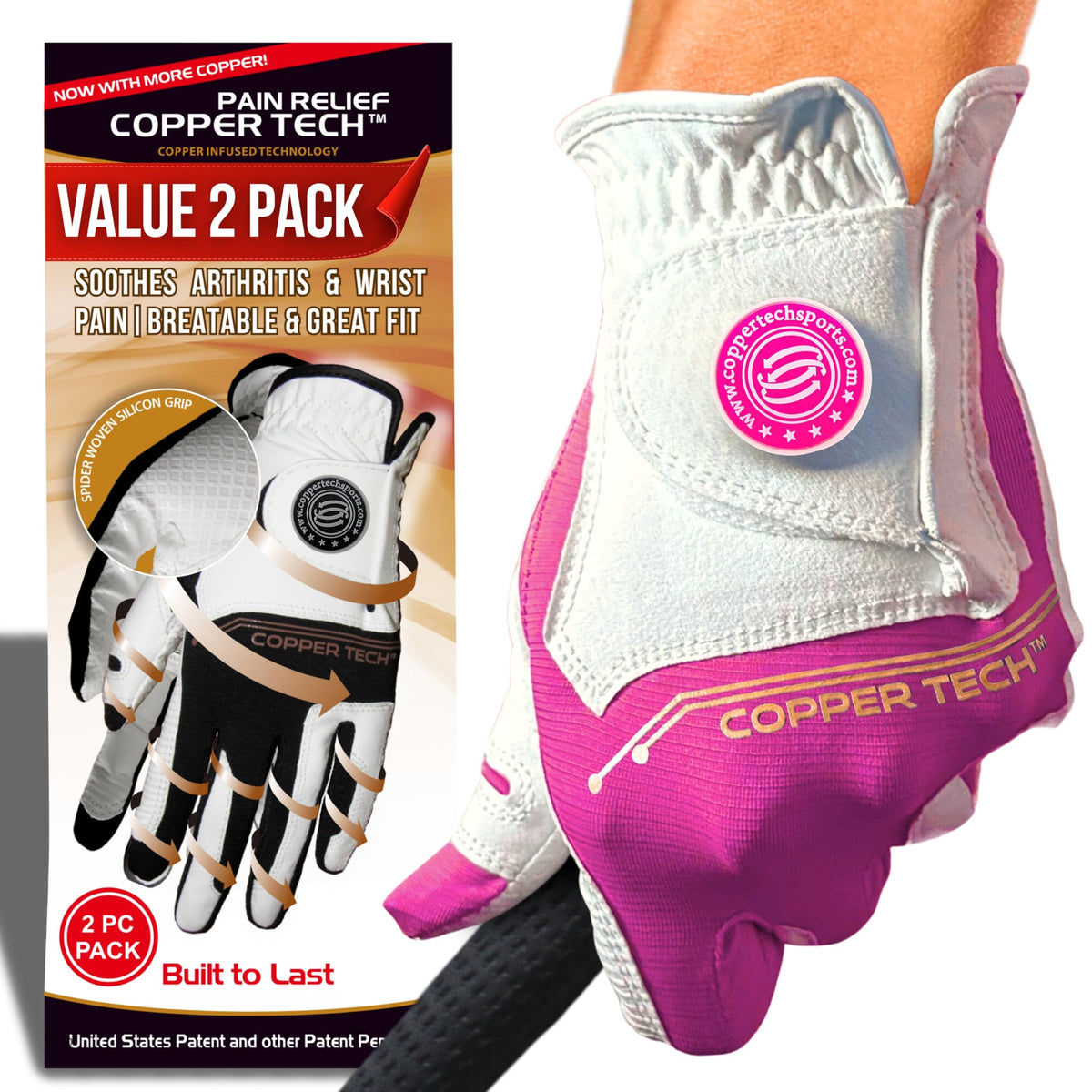 Copper Tech Womens Golf Gloves 2 Pack Tacky Synthetic Leather Black Pink--Golf World-Golf World