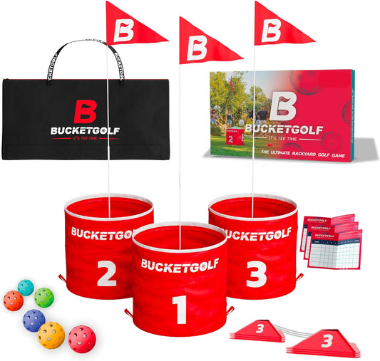 bucketgolf Original Game 3 Hole Travel Set with Clubs - #1 New Backyard Golf Game for The Yard and All Ages Adults and Kids. Beach, Park, School. (Without Clubs)