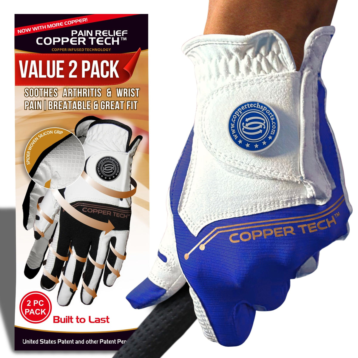 Copper Tech Men's Copper Compression Golf Gloves 2 Pack Left or Right Hand--Golf World-hand_orientation:Right-Color:White/Royal Blue-Size:Medium-Large-Golf World
