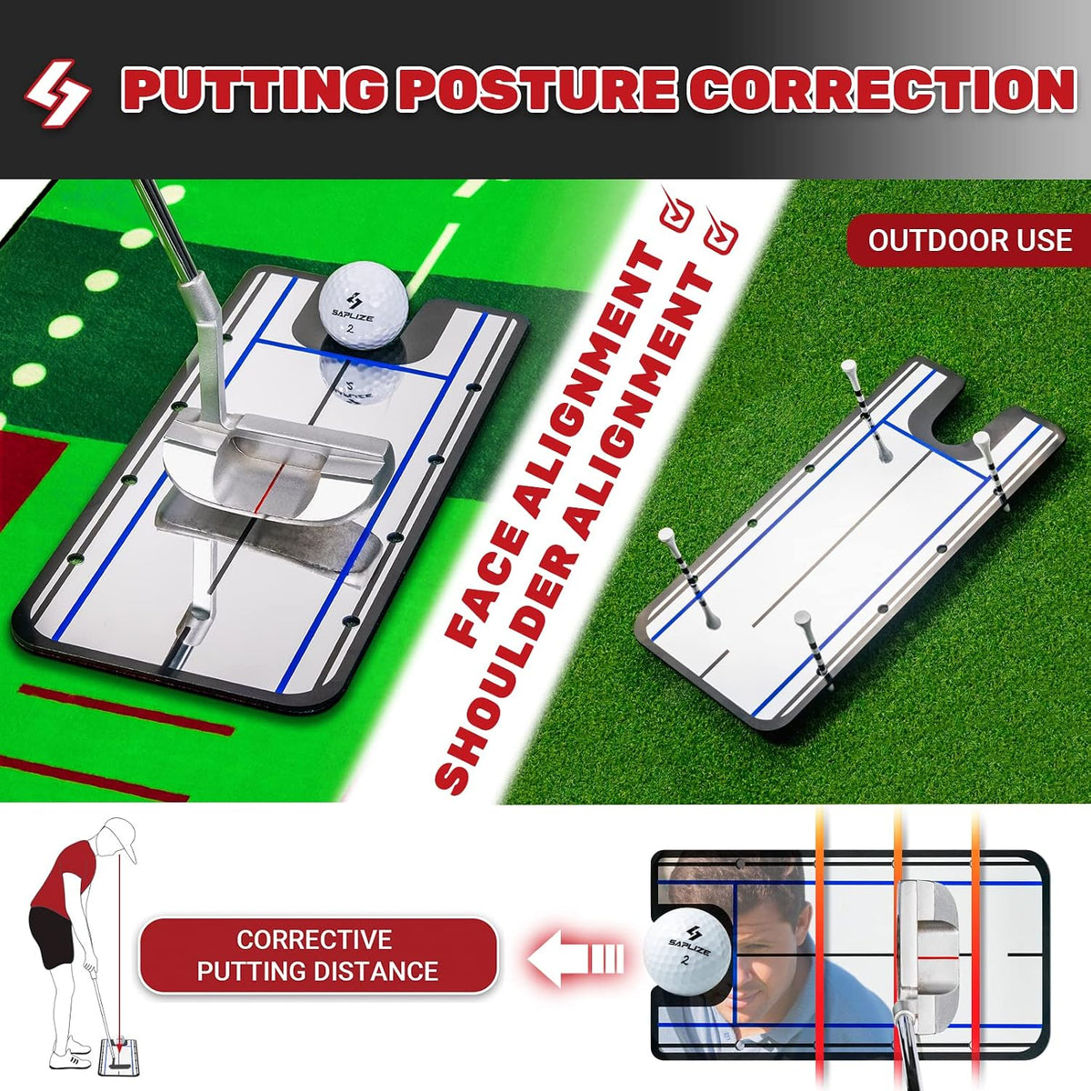 SAPLIZE Golf Putting Mat, Visible Ball Traces, with Putting Alignment Mirror, 20in X 10ft Putting Matt for Indoors, Putting Green Practice Training Aid for Home Office