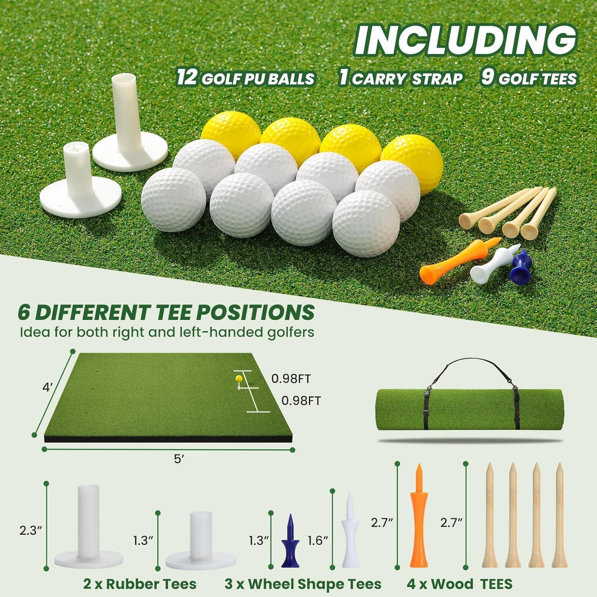 Golf Mat, 5x4FT&23X16IN Practice Mat Indoor/Outdoor,Artificial Thickened Golf Hitting Mat, High-Elasticity EVA Anti-Slip Bottom, Portable Dual Turf Driving Mat for Gifts for Men/Boys/Golfers