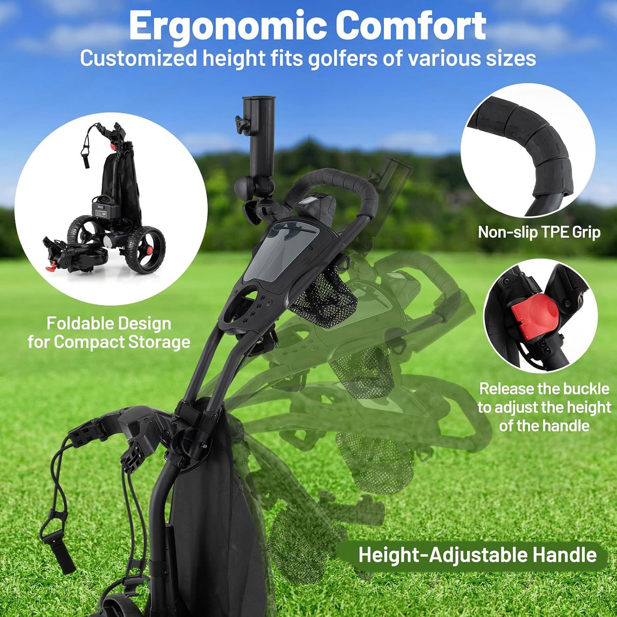 Tangkula Electric Golf Push Cart, Foldable 3 Wheels Golf Cart with Adjustable Handle & 9 Speed Settings, 18 Hole Battery, Umbrella Holder, Drink Holder, Scorecard Holder, Cooler Bag & USB Port, Black