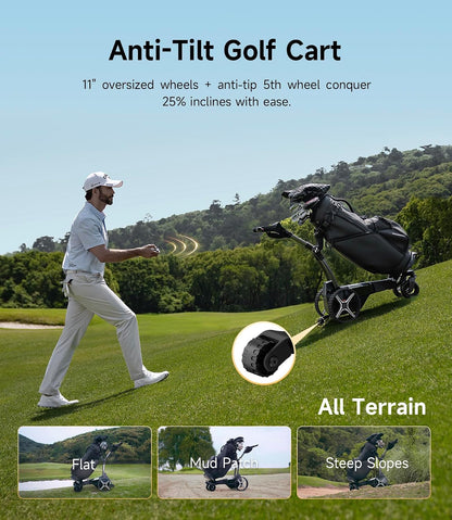 Man in white outfit pushing a black golf cart on a grassy hill under a clear blue sky.