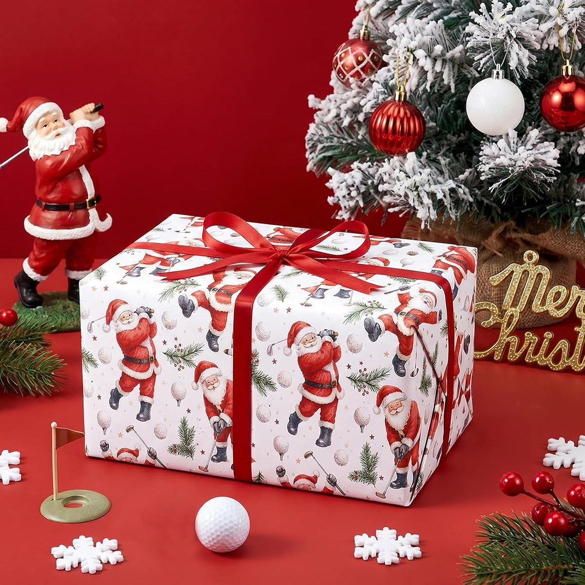 WRAPAHOLIC Christmas Wrapping Paper, Santa Claus with Golf Gift Wrap Paper