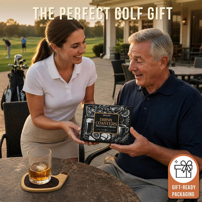 Golf Coasters for Drinks, 4 Pack Bamboo Golf Club Head Coaster Set