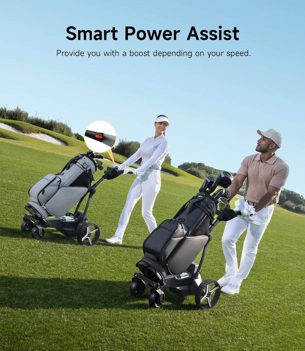 Two golfers with power-assisted golf trolleys on a sunny, green golf course.