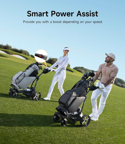 Two golfers with power-assisted golf trolleys on a sunny, green golf course.