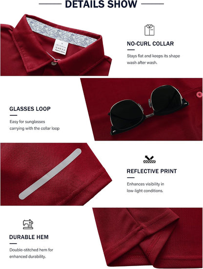 3 Pack Men's Quick Dry Polo Shirts, Moisture Wicking Short Sleeve Golf Shirts for Men with Glasses Holder