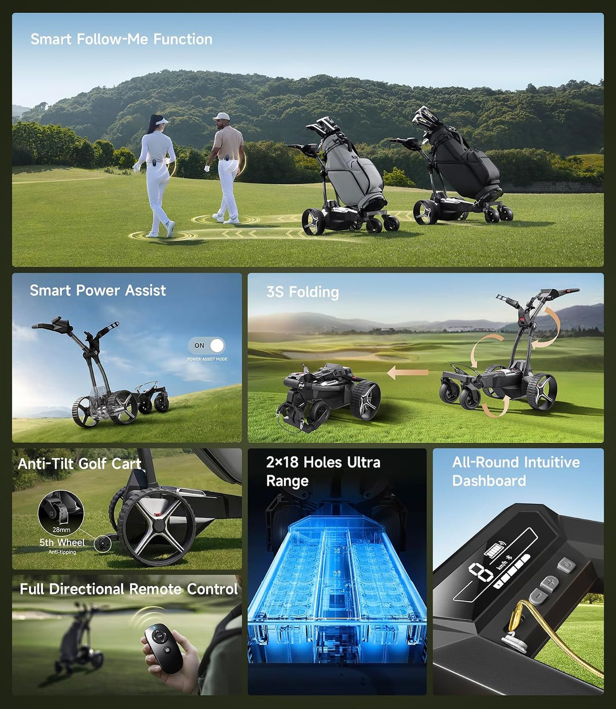 Golf carts on a green course, showcasing features like folding, power assist, and remote control.