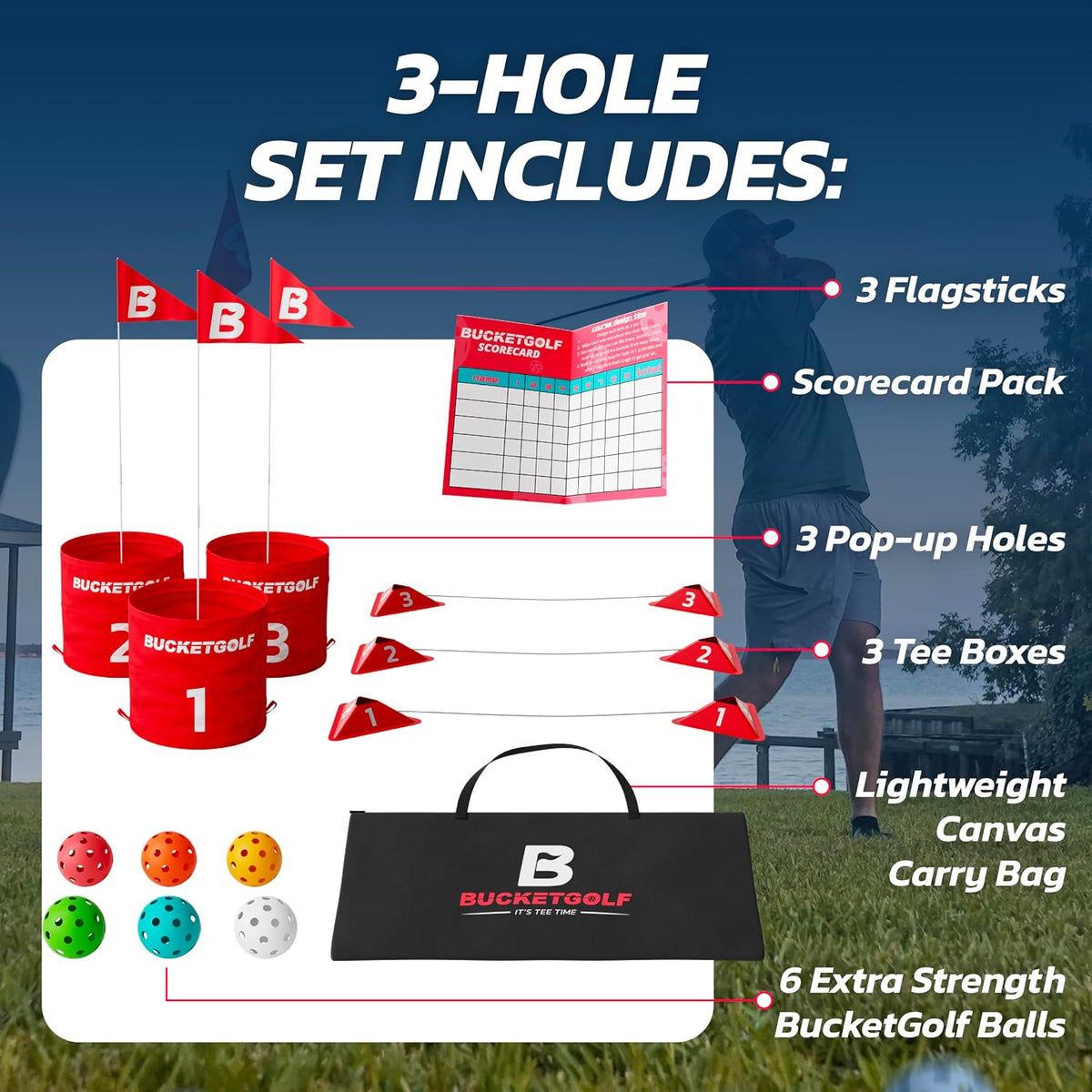 bucketgolf Original Game 3 Hole Travel Set with Clubs - #1 New Backyard Golf Game for The Yard and All Ages Adults and Kids. Beach, Park, School. (Without Clubs)