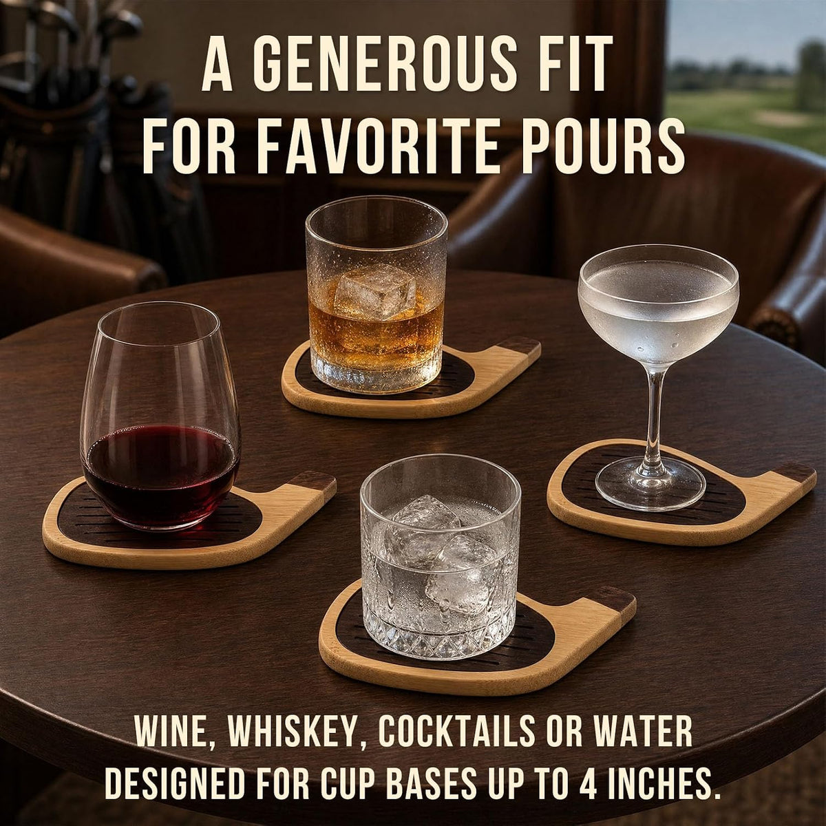 Golf Coasters for Drinks, 4 Pack Bamboo Golf Club Head Coaster Set