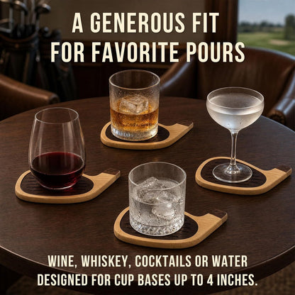Golf Coasters for Drinks, 4 Pack Bamboo Golf Club Head Coaster Set