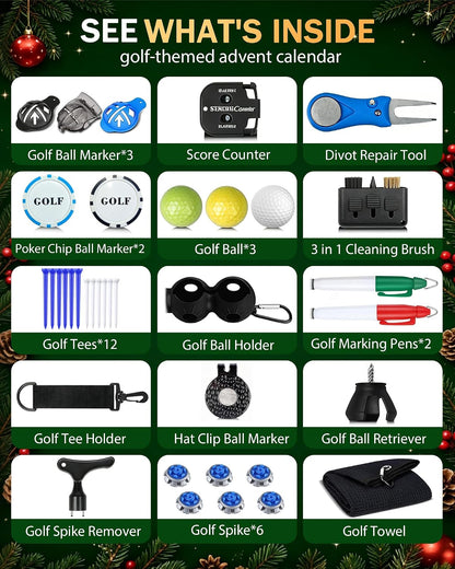 Golf-themed advent calendar contents: markers, tools, tees, balls, holders, pens, and towel.