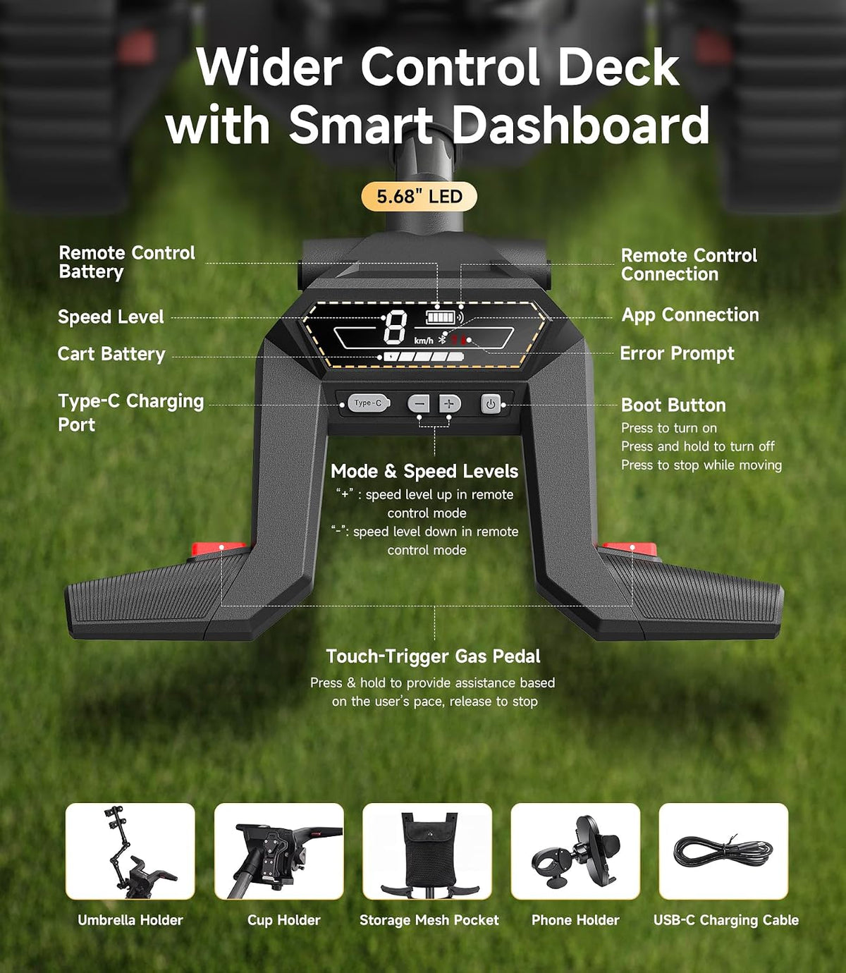Smart dashboard with LED display, controls, and icons for speed, app connection, and battery.
