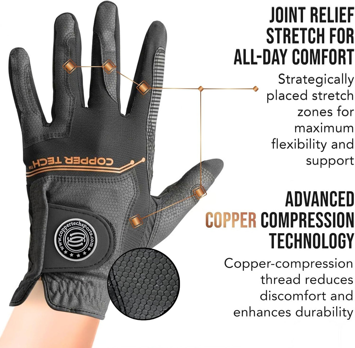 Copper Tech Mens Golf Gloves 2 Pack Copper Infused Breathable Synthetic Leather--Golf World-Golf World