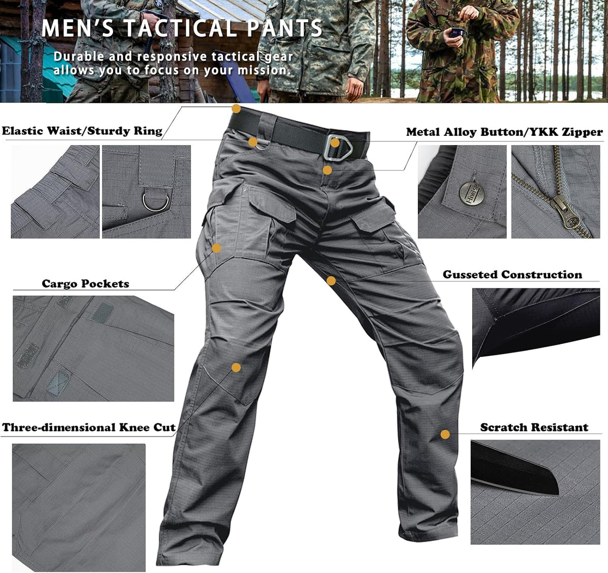 Hiwise Men's Stretch Tactical Pants Water Resistant Ripstop Cargo Pants Outdoor Lightweight EDC Work Hiking Pants