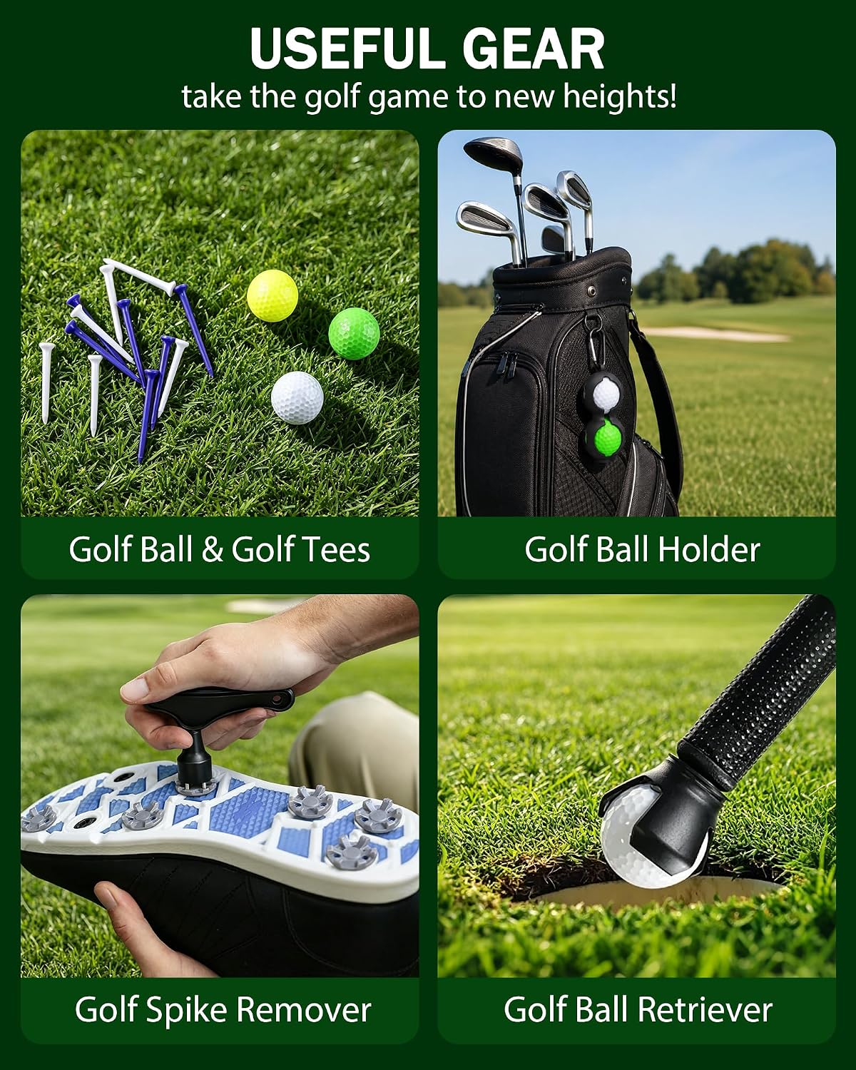Golf gear collage: balls, tees, bag holder, spike remover, and ball retriever on grass.