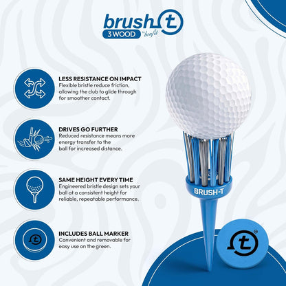 Brush T Premium Golf Tees for Consistent Ball Height and 3 Wood Play