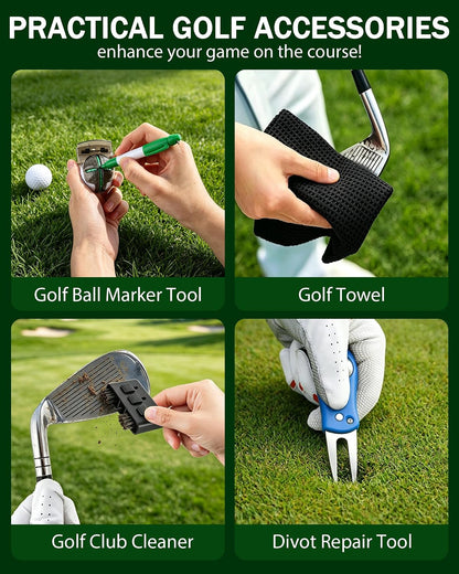 Four golf tools: ball marker, towel, club cleaner, and divot repair tool on green grass.