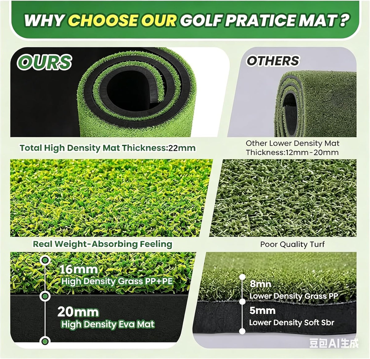 Golf Mat, 5x4FT&23X16IN Practice Mat Indoor/Outdoor,Artificial Thickened Golf Hitting Mat, High-Elasticity EVA Anti-Slip Bottom, Portable Dual Turf Driving Mat for Gifts for Men/Boys/Golfers