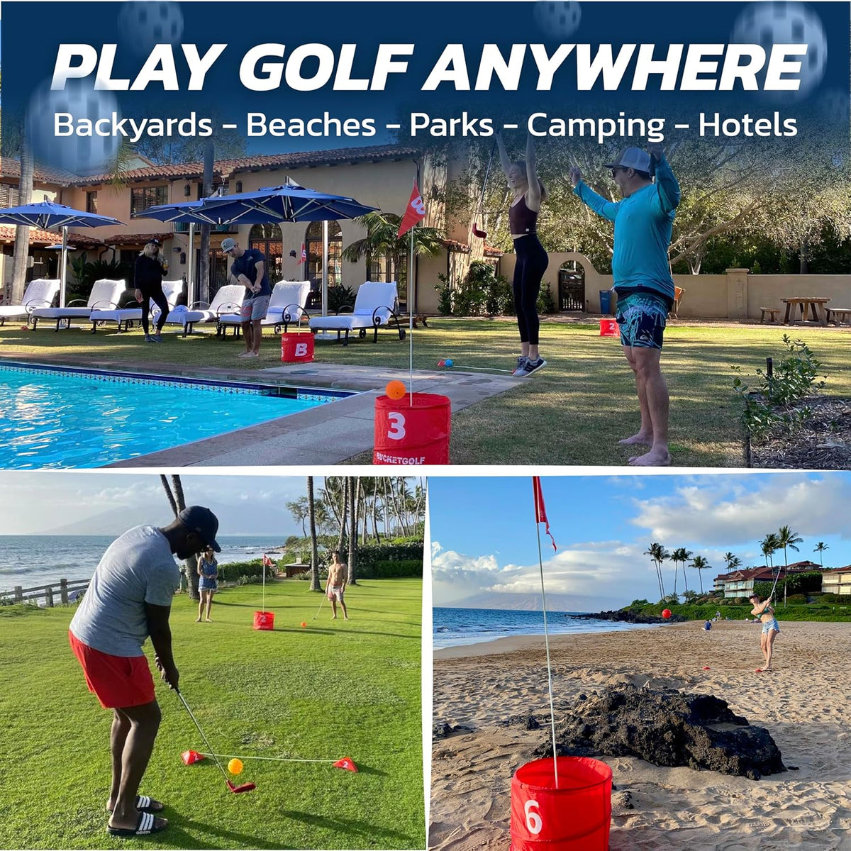 bucketgolf Original Game 3 Hole Travel Set with Clubs - #1 New Backyard Golf Game for The Yard and All Ages Adults and Kids. Beach, Park, School. (Without Clubs)